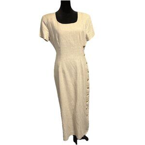 Vintage Misty Lane Dress Linen Tan Sheath Gold Animal Buttons Khaki Size 6